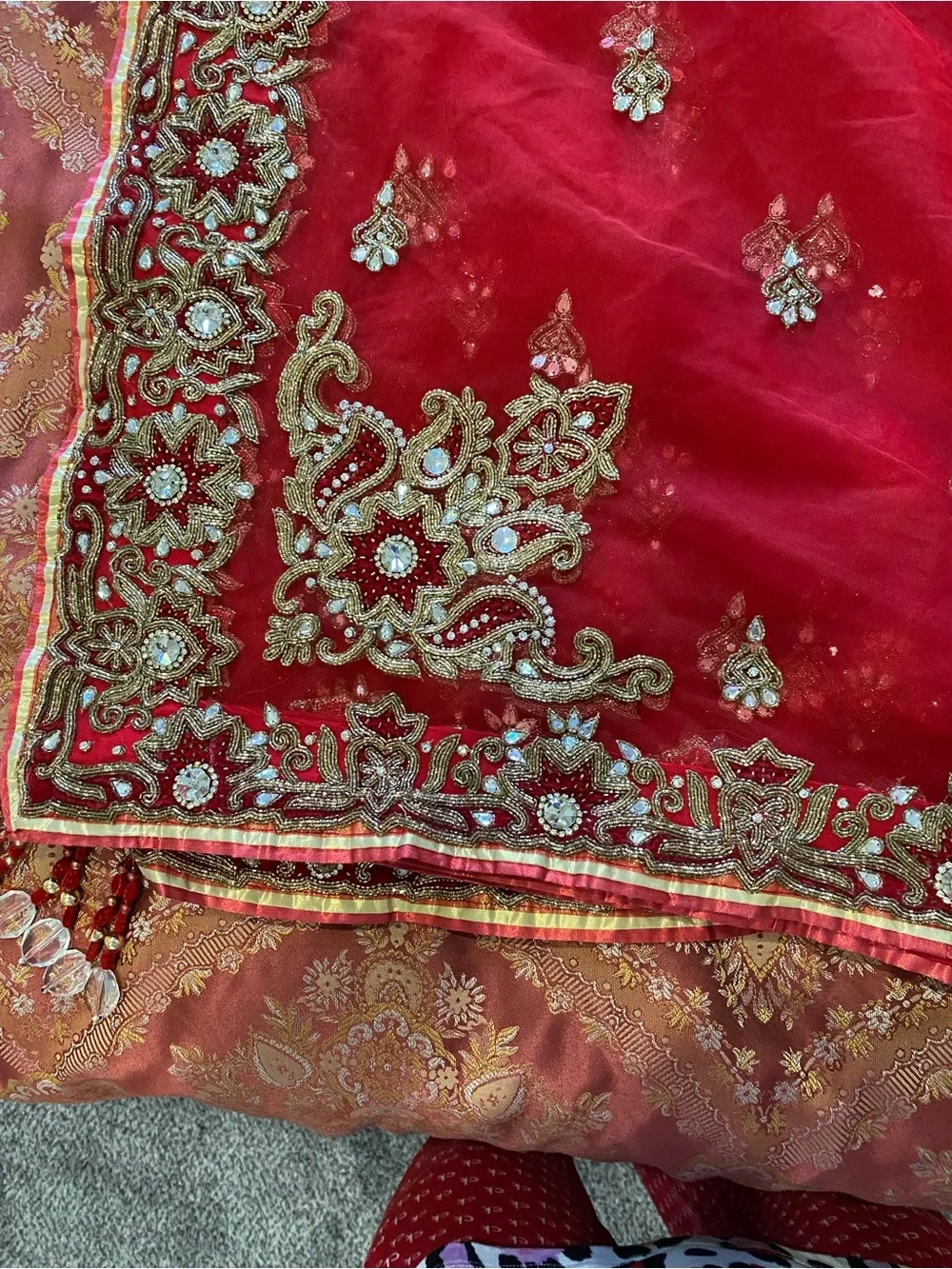 Bridal Red Embellished Sheer Scarf with Gold Accents